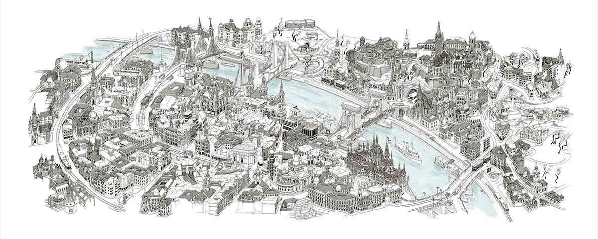 Budapest PANORAMA Art Map - Black and White