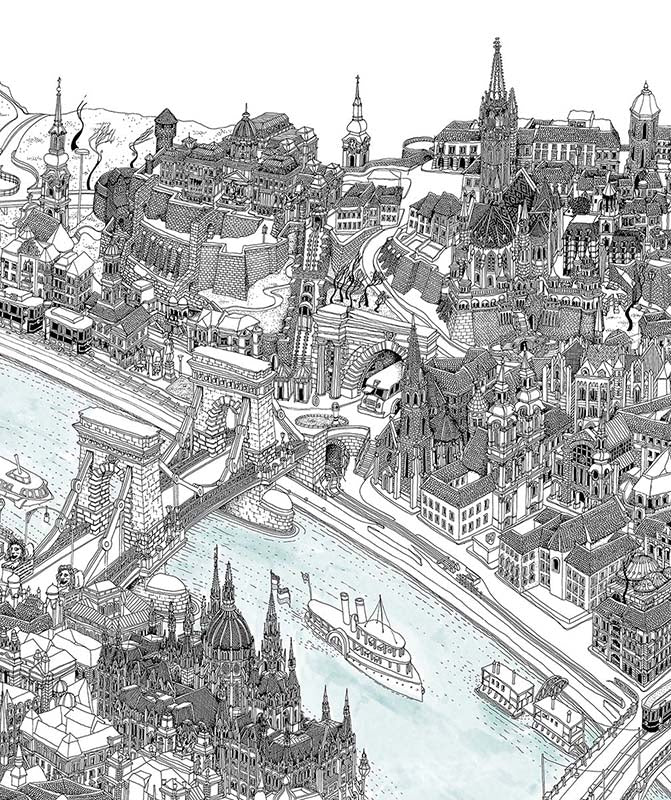 Budapest PANORAMA Art Map - Black and White
