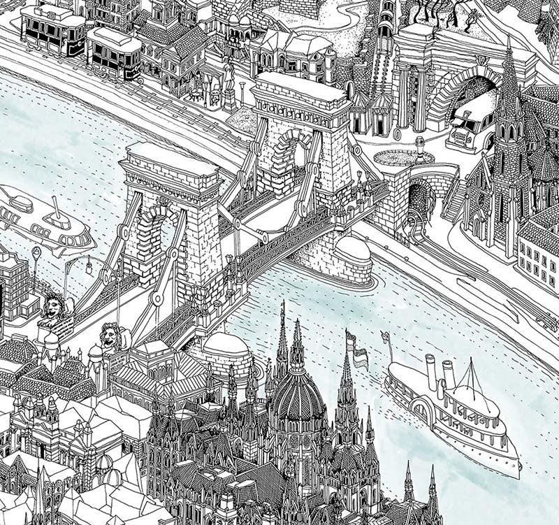 Budapest PANORAMA Art Map - Black and White