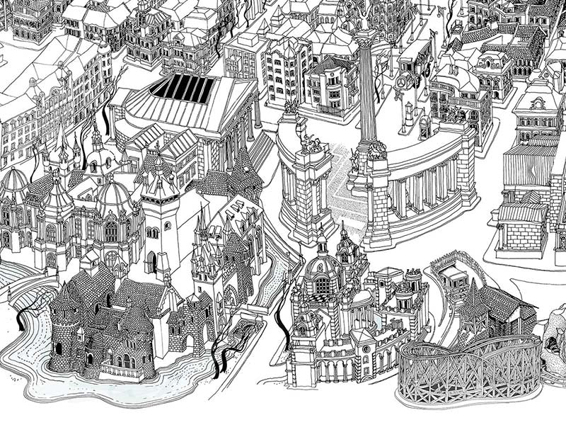 Budapest PANORAMA Art Map - Black and White