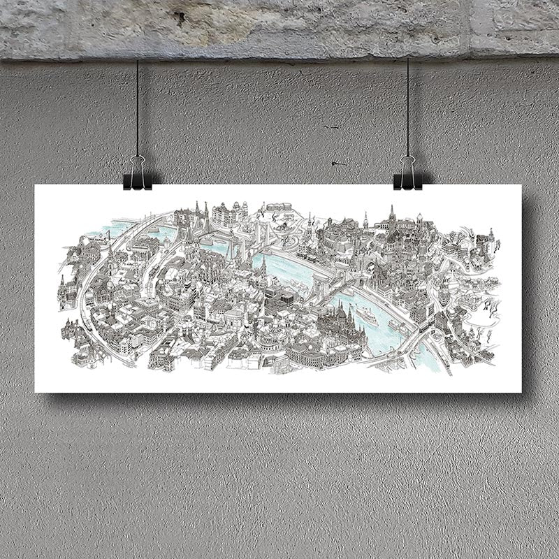 Budapest PANORAMA Art Map - Black and White