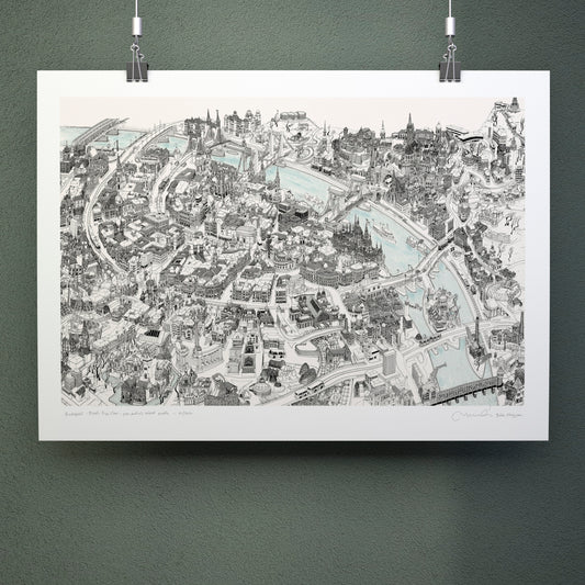 Budapest Hand-drawn 3D Map - Black and White (paper)