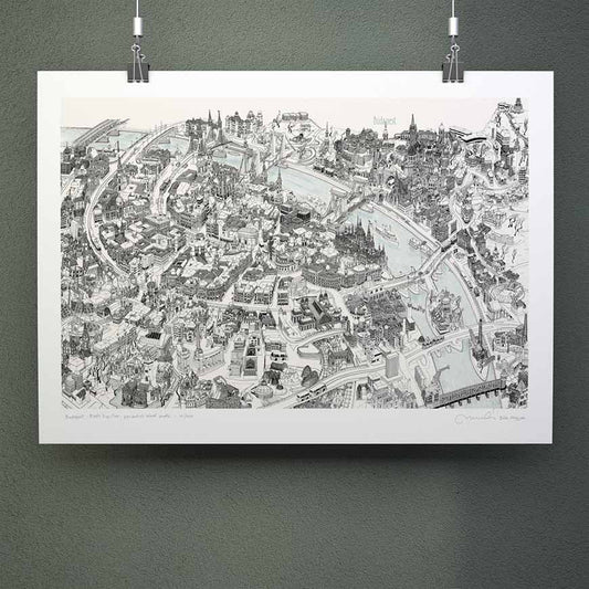 Budapest Hand-drawn 3D Art Map - Black and White (paper)