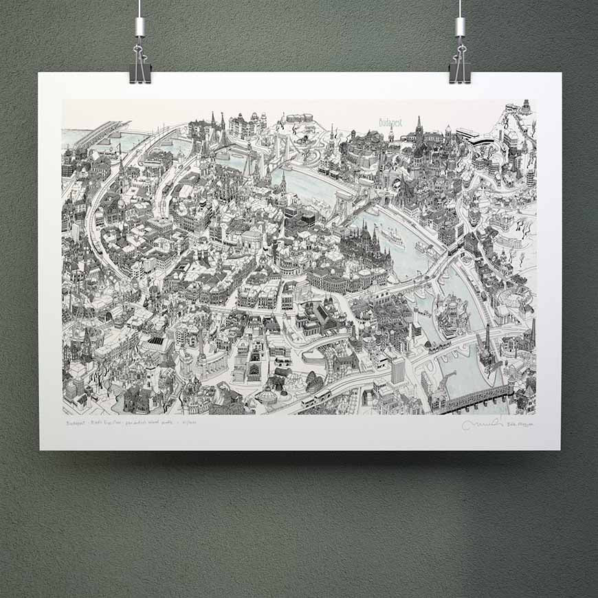 Mapa artístico 3D dibujado a mano de Budapest - Blanco y negro (papel)