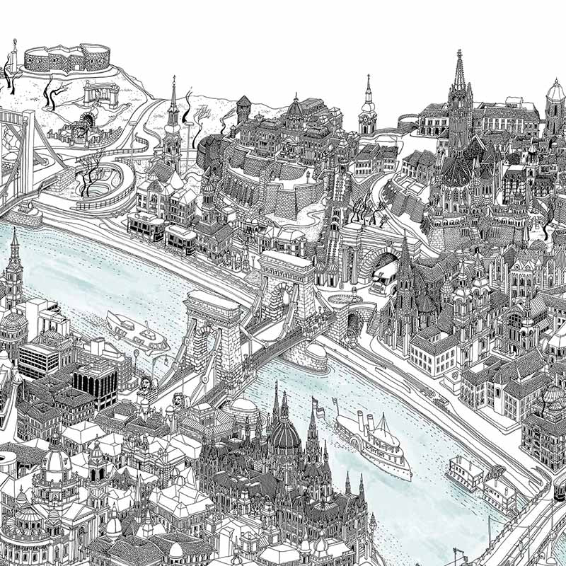 Budapest Hand-drawn 3D Art Map - Black and White (paper)