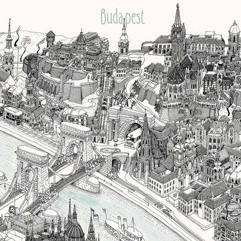 Budapest Hand-drawn 3D Art Map - Black and White (paper)