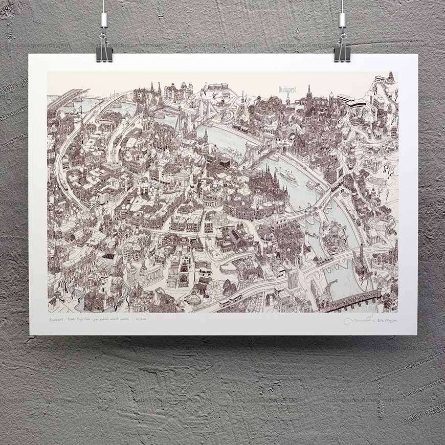 Budapest Hand-drawn 3D Art Map - Brown (paper)