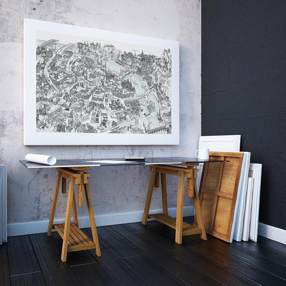 Budapest Hand-drawn 3D Map - Black and White (canvas)