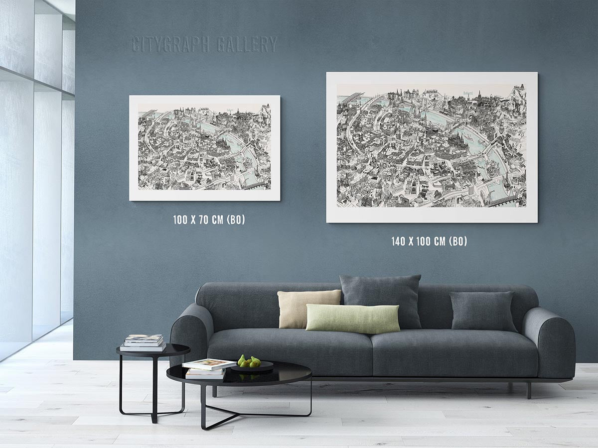Budapest szabadkézi rajzos 3D térkép fekete-fehér (001-2)