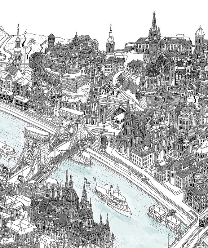 Budapest rajzos PANORÁMA térkép (fekete-fehér)