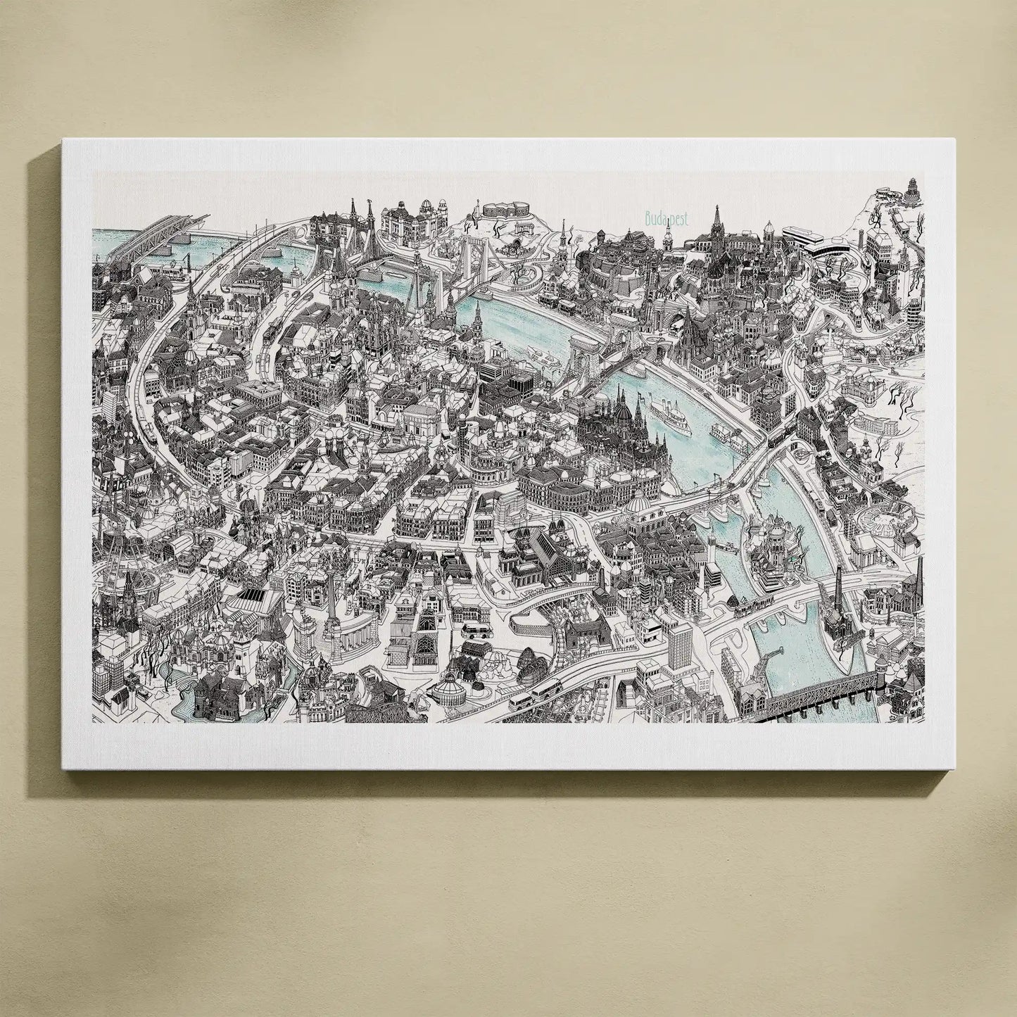 Budapest Hand-drawn 3D Map - Black and White