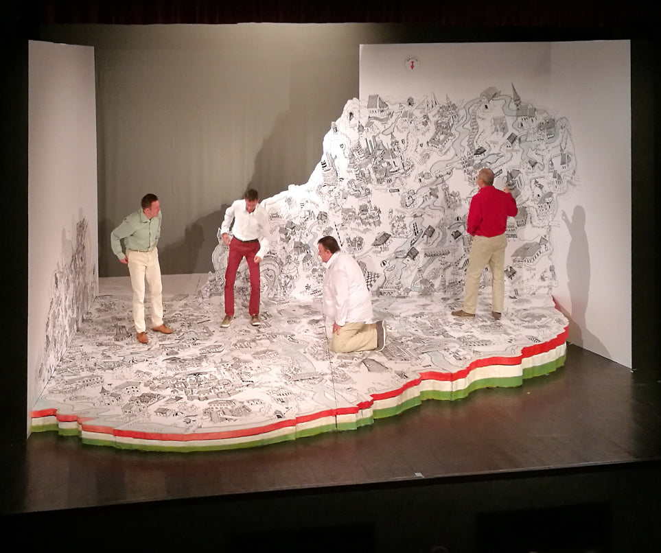 Large-scale Hungary Art Map stage backdrop created for Thália Theatre Košice by Béla Magyar