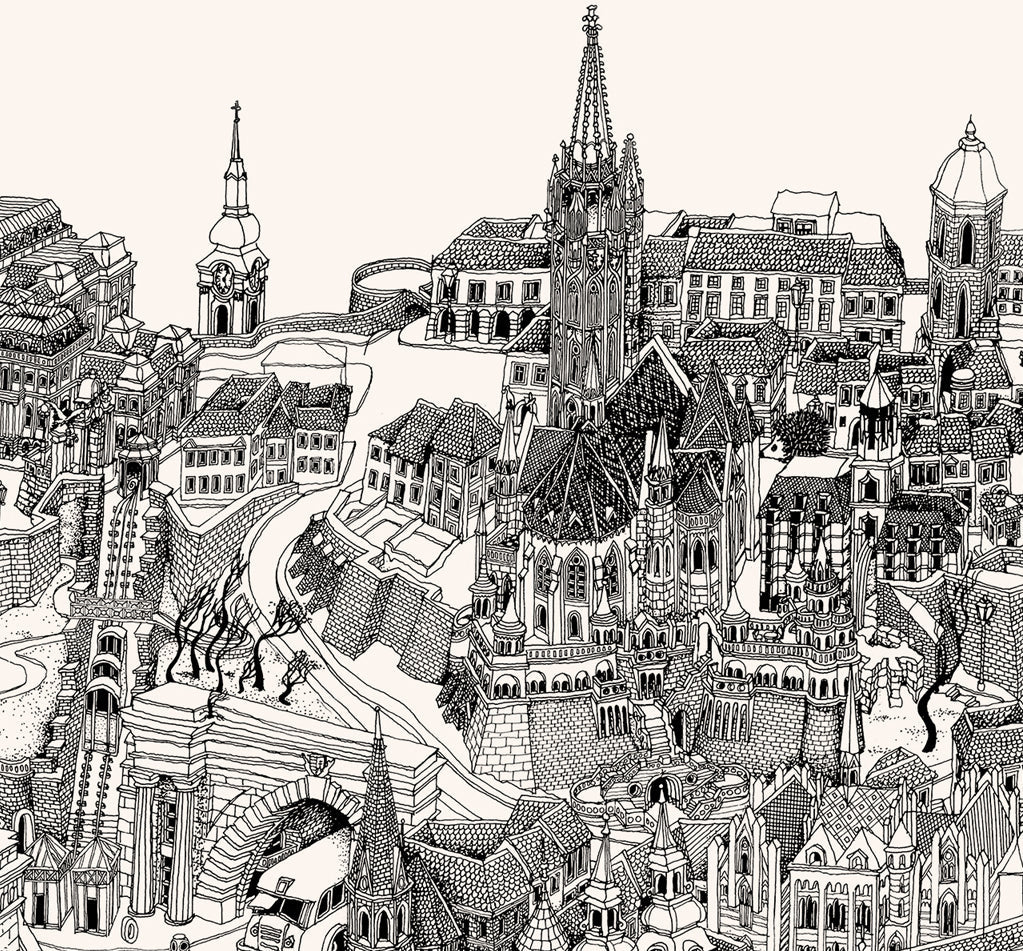 Budapest Hand-drawn 3D Map - Black and White