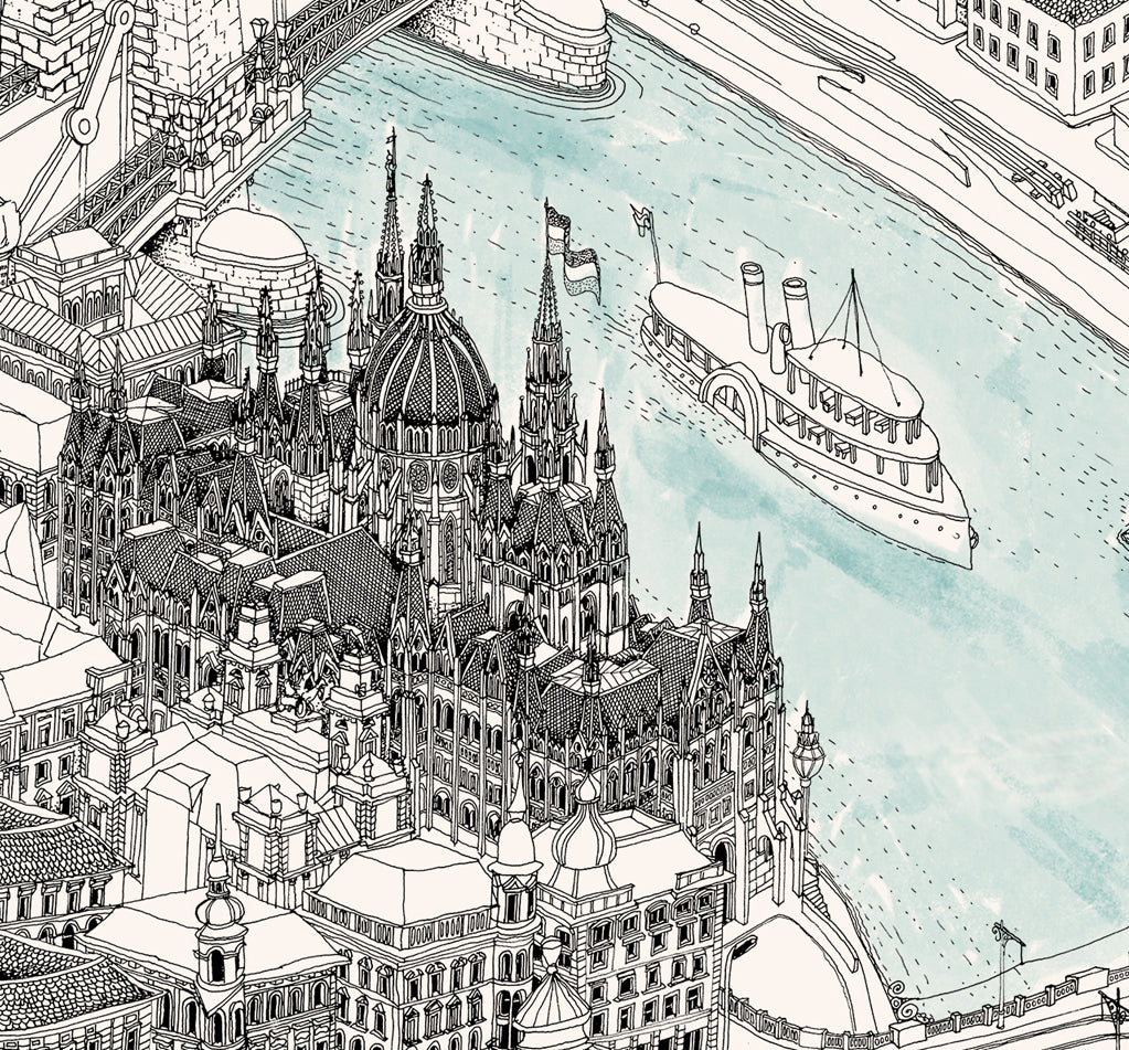 Budapest szabadkézi rajzos 3D térkép fekete-fehér (001-2)