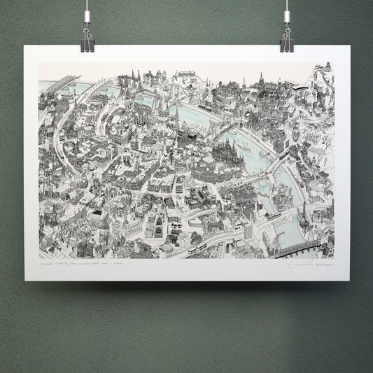 Mapa 3D dibujado a mano de Budapest - Blanco y negro (papel)