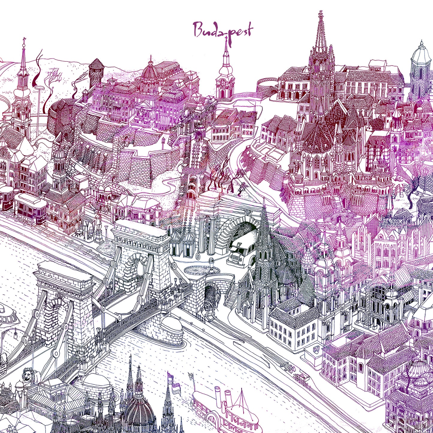 Budapest rajzos térkép (kékes-lila) (003-4)