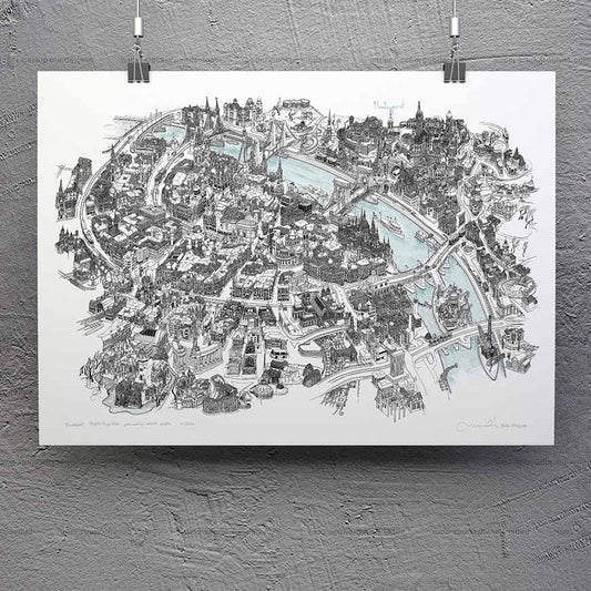 Mapa artístico de Budapest - Blanco y negro (papel)