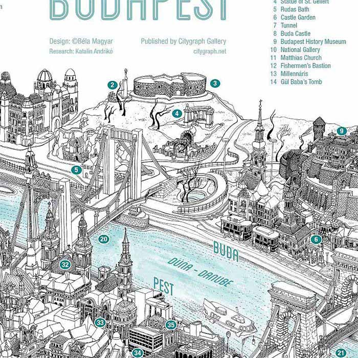  Budapest látványosságai rajzos 3D térkép poszter